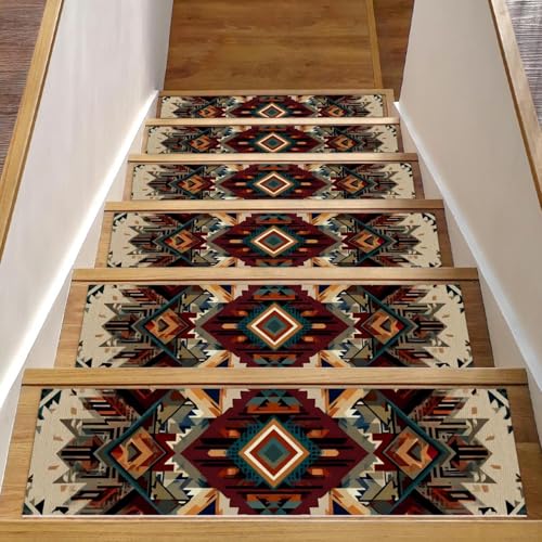 Luoweisi Stufenmatten für Holzstufen, Retro-Stil, ethnisches Boho-Muster, rutschfest, für den Innenbereich, 76,2 x 20,3 cm, 15 Stück, mit wiederverwendbarem Kleber von Luoweisi
