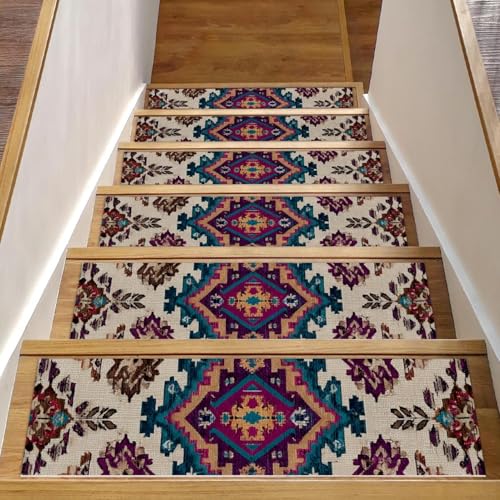 Luoweisi Stufenmatten für Holzstufen, Retro-Stil, ethnisches Boho-Muster, rutschfest, für den Innenbereich, 76,2 x 20,3 cm, 15 Stück, mit wiederverwendbarem Kleber Luoweisi Stufenmatten für Holzstufen, Retro-Stil, ethnisches Boho-Muster, rutschfest, für den Innenbereich, 76,2 x 20,3 cm, 15 Stück, mit wiederverwendbarem Kleber von Luoweisi
