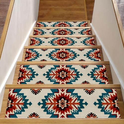 Luoweisi Stufenmatten für Holzstufen, Retro-Stil, ethnisches Boho-Muster, rutschfest, für den Innenbereich, 76,2 x 20,3 cm, 15 Stück, mit wiederverwendbarem Kleber von Luoweisi