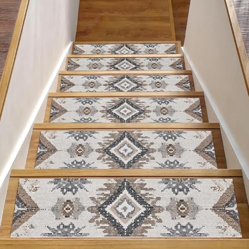 Luoweisi Stufenmatten für Holzstufen, Retro-Stil, ethnisches Boho-Muster, rutschfest, für den Innenbereich, 76,2 x 20,3 cm, 15 Stück, mit wiederverwendbarem Kleber von Luoweisi