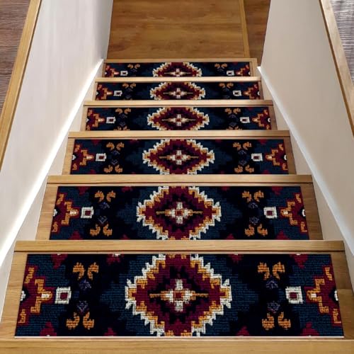 Luoweisi Stufenmatten für Holzstufen, Retro-Stil, ethnisches Boho-Muster, rutschfest, für den Innenbereich, 76,2 x 20,3 cm, 15 Stück, mit wiederverwendbarem Kleber Luoweisi Stufenmatten für Holzstufen, Retro-Stil, ethnisches Boho-Muster, rutschfest, für den Innenbereich, 76,2 x 20,3 cm, 15 Stück, mit wiederverwendbarem Kleber von Luoweisi