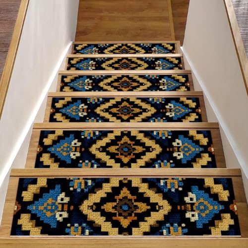 Luoweisi Stufenmatten für Holzstufen, Retro-Stil, ethnisches Boho-Muster, rutschfest, für den Innenbereich, 76,2 x 20,3 cm, 15 Stück, mit wiederverwendbarem Kleber Luoweisi Stufenmatten für Holzstufen, Retro-Stil, ethnisches Boho-Muster, rutschfest, für den Innenbereich, 76,2 x 20,3 cm, 15 Stück, mit wiederverwendbarem Kleber von Luoweisi