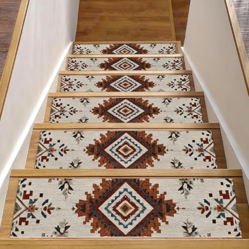 Luoweisi Stufenmatten für Holzstufen, Retro-Stil, ethnisches Boho-Muster, rutschfest, für den Innenbereich, 76,2 x 20,3 cm, 15 Stück, mit wiederverwendbarem Kleber Luoweisi Stufenmatten für Holzstufen, Retro-Stil, ethnisches Boho-Muster, rutschfest, für den Innenbereich, 76,2 x 20,3 cm, 15 Stück, mit wiederverwendbarem Kleber von Luoweisi