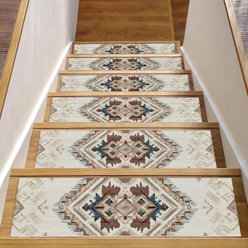 Luoweisi Stufenmatten für Holzstufen, Retro-Stil, ethnisches Boho-Muster, rutschfest, für den Innenbereich, 76,2 x 20,3 cm, 15 Stück, mit wiederverwendbarem Kleber Luoweisi Stufenmatten für Holzstufen, Retro-Stil, ethnisches Boho-Muster, rutschfest, für den Innenbereich, 76,2 x 20,3 cm, 15 Stück, mit wiederverwendbarem Kleber von Luoweisi