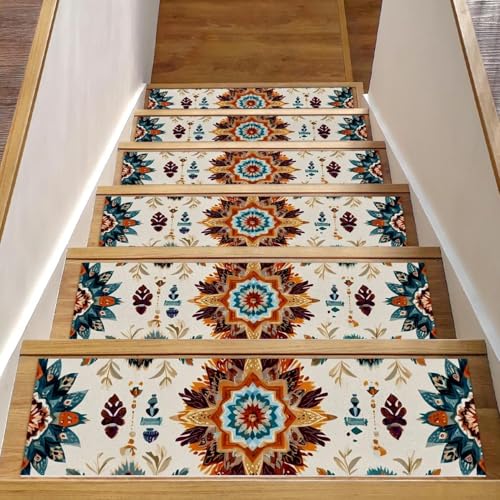 Luoweisi Stufenmatten für Holzstufen, Retro-Stil, ethnisches Boho-Muster, rutschfest, für den Innenbereich, 76,2 x 20,3 cm, 15 Stück, mit wiederverwendbarem Kleber von Luoweisi