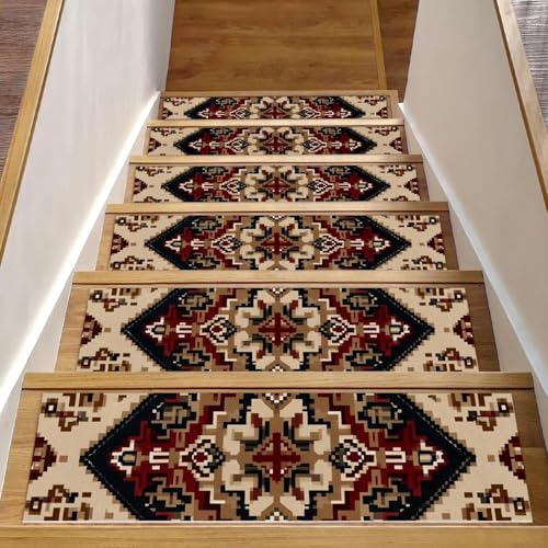 Luoweisi Stufenmatten für Holzstufen, Retro-Stil, ethnisches Boho-Muster, rutschfest, für den Innenbereich, 76,2 x 20,3 cm, 15 Stück, mit wiederverwendbarem Kleber von Luoweisi