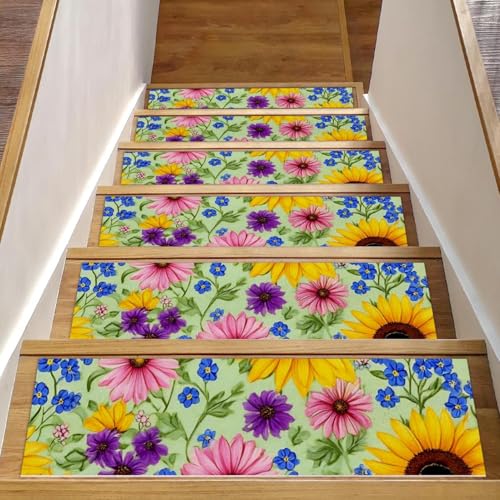 Luoweisi Stufenmatten für Holzstufen, Sonnenblumen-Blumen, 76,2 x 20,3 cm, rutschfest, für den Innenbereich, Treppenläufer, Treppenläufer, Matten für Hunde, Kinder, ältere Menschen, mit Luoweisi Stufenmatten für Holzstufen, Sonnenblumen-Blumen, 76,2 x 20,3 cm, rutschfest, für den Innenbereich, Treppenläufer, Treppenläufer, Matten für Hunde, Kinder, ältere Menschen, mit von Luoweisi