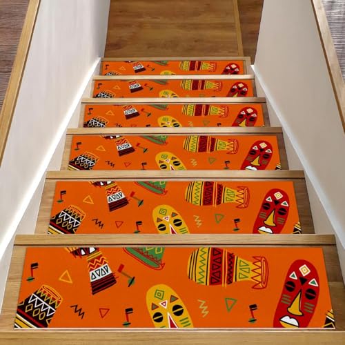 Luoweisi Stufenmatten für Holzstufen, indisches Afrika, Tribal-Orange, 15 Stück, 76,2 x 20,3 cm, rutschfest, für den Innenbereich, Treppenläufer, Treppenläufer, Matten für Hunde, Kinder, ältere von Luoweisi