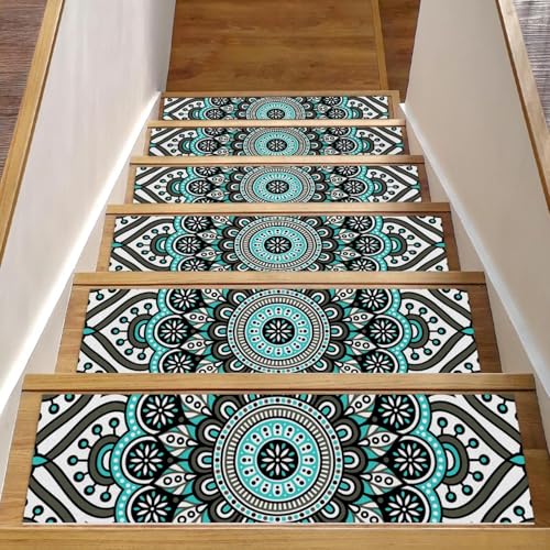 Luoweisi Stufenmatten für Holzstufen im Boho-Mandala-Vintage-Stil, rutschfest, für den Innenbereich, 76,2 x 20,3 cm, mit wiederverwendbarem Klebstoff, 15 Stück von Luoweisi