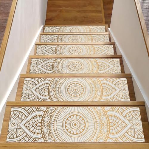Luoweisi Stufenmatten für Holzstufen im Ethno-Look, Mandala-Blumenmuster, rutschfest, für den Innenbereich, 76,2 x 20,3 cm, 15 Stück, mit wiederverwendbarem Kleber von Luoweisi