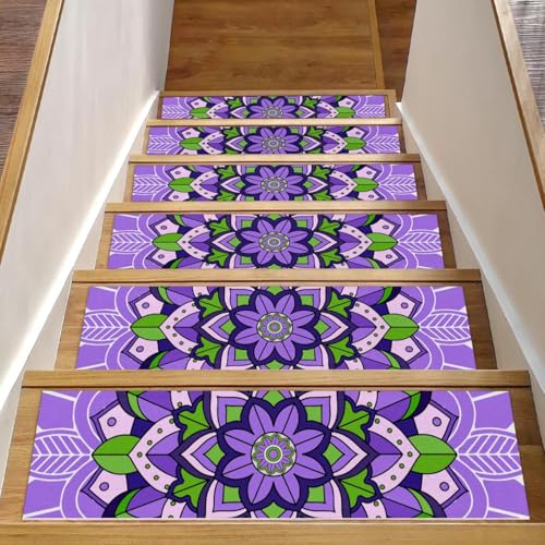 Luoweisi Stufenmatten für Holzstufen im Mandala-Design, Lila, 15 Stück, 76,2 x 20,3 cm, rutschfest, für den Innenbereich, Treppenläufer, Treppenläufer, Matten für Hunde, Kinder, ältere Menschen, mit von Luoweisi