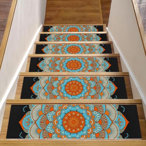 Luoweisi Stufenmatten für Holzstufen im Vintage-Mandala-Blumenmuster, 15 Stück, 76,2 x 20,3 cm, rutschfest, für den Innenbereich, Treppenläufer, Treppenläufer, Matten für Hunde, Kinder, ältere von Luoweisi