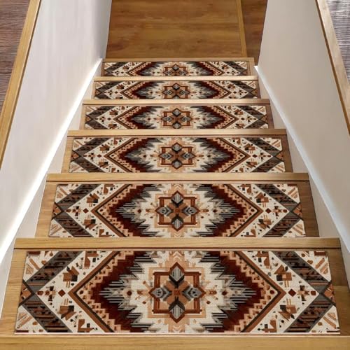 Luoweisi Stufenmatten für Holzstufen im Vintage-Stil, ethnisches Boho-Muster, rutschfest, für den Innenbereich, 76,2 x 20,3 cm, 15 Stück, mit wiederverwendbarem Kleber von Luoweisi