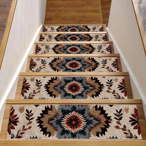 Luoweisi Stufenmatten für Holzstufen im Vintage-Stil, ethnisches Boho-Muster, rutschfest, für den Innenbereich, 76,2 x 20,3 cm, 15 Stück, mit wiederverwendbarem Kleber von Luoweisi