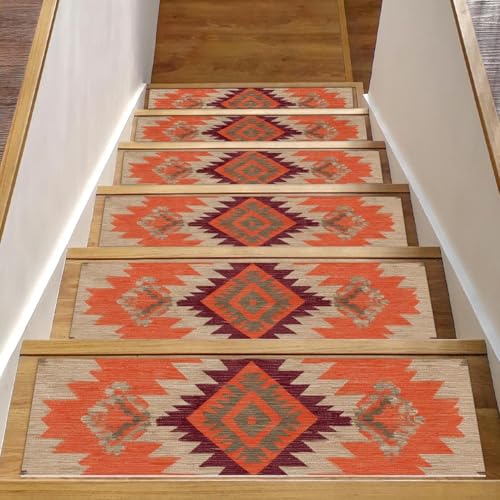 Luoweisi Stufenmatten für Holzstufen im Vintage-Stil, ethnisches Boho-Muster, rutschfest, für den Innenbereich, 76,2 x 20,3 cm, 15 Stück, mit wiederverwendbarem Kleber von Luoweisi