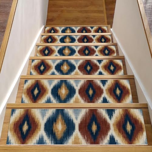 Luoweisi Stufenmatten für Holzstufen im Vintage-Stil, ethnisches Boho-Muster, rutschfest, für den Innenbereich, 76,2 x 20,3 cm, 15 Stück, mit wiederverwendbarem Kleber von Luoweisi