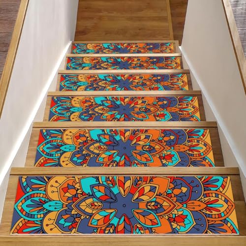 Luoweisi Stufenmatten für Holzstufen mit abstraktem Mandala-Design, rutschfest, für den Innenbereich, 76,2 x 20,3 cm, 15 Stück, mit wiederverwendbarem Kleber von Luoweisi