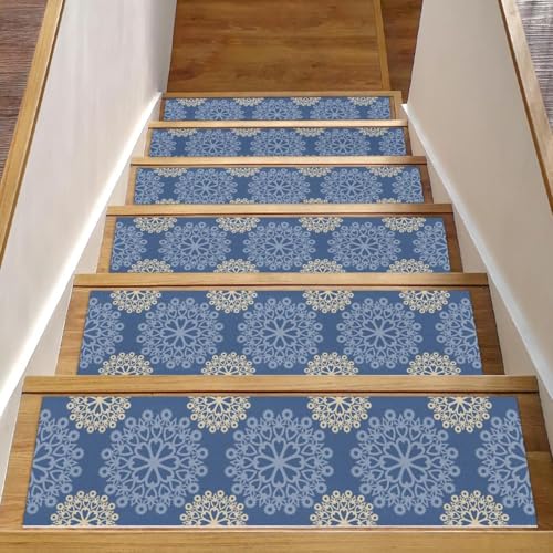 Luoweisi Stufenmatten mit Mandala-Blumenmuster für Holzstufen, 15 Stück, 76,2 x 20,3 cm, rutschfest, für den Innenbereich, Treppenläufer für Hunde, Kinder, ältere Menschen, mit wiederverwendbarem von Luoweisi