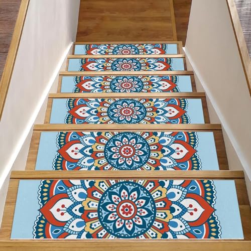 Luoweisi Stufenmatten mit Mandalas-Blumenmuster, für Holzstufen, rutschfest, für den Innenbereich, 76,2 x 20,3 cm, mit wiederverwendbarem Klebstoff, 15 Stück von Luoweisi