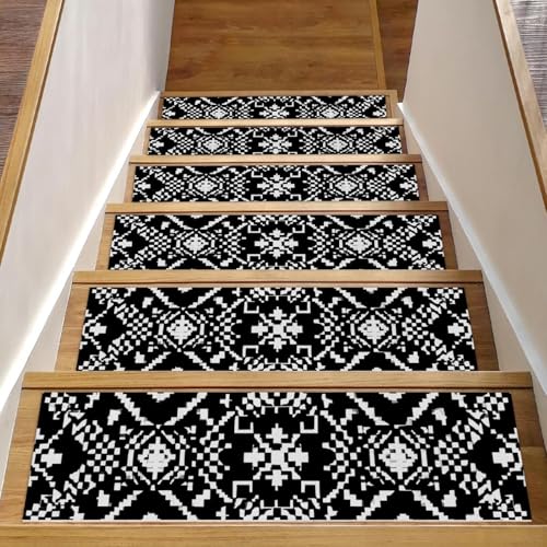 Luoweisi Stufenmatten mit ethnischem Boho-Muster, für Holzstufen, rutschfest, für den Innenbereich, 76,2 x 20,3 cm, mit wiederverwendbarem Klebstoff, Schwarz, 15 Stück von Luoweisi