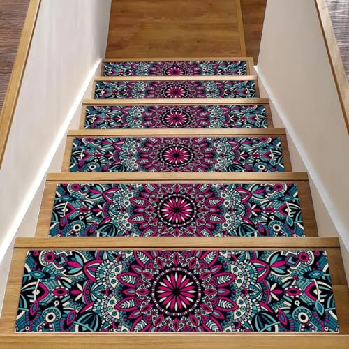 Luoweisi Stufenmatten mit ethnischem Mandala-Blumenmuster, für Holzstufen, 76,2 x 20,3 cm, rutschfest, für den Innenbereich, Treppenläufer, Treppenläufer, Matten für Hunde, Kinder, ältere Menschen von Luoweisi