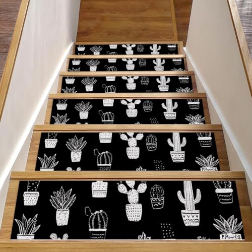 Luoweisi Treppenmatten für Holzstufen, Kaktus, Schwarz, 15 Stück, 76,2 x 20,3 cm, rutschfest, für den Innenbereich, Treppenläufer, Treppenläufer, Matten für Hunde, Kinder, ältere Menschen, mit Luoweisi Treppenmatten für Holzstufen, Kaktus, Schwarz, 15 Stück, 76,2 x 20,3 cm, rutschfest, für den Innenbereich, Treppenläufer, Treppenläufer, Matten für Hunde, Kinder, ältere Menschen, mit von Luoweisi