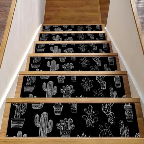 Luoweisi Treppenmatten für Holzstufen, Kaktus, Schwarz, 15 Stück, 76,2 x 20,3 cm, rutschfest, für den Innenbereich, Treppenläufer, Treppenläufer, Matten für Hunde, Kinder, ältere Menschen, mit Luoweisi Treppenmatten für Holzstufen, Kaktus, Schwarz, 15 Stück, 76,2 x 20,3 cm, rutschfest, für den Innenbereich, Treppenläufer, Treppenläufer, Matten für Hunde, Kinder, ältere Menschen, mit von Luoweisi