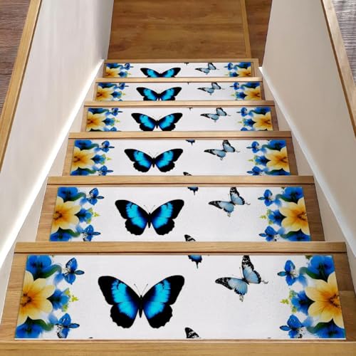 Luoweisi Treppenmatten für Holzstufen, Motiv: Blaue Blume, Schmetterlinge, 15 Stück, 76,2 x 20,3 cm, rutschfest, für den Innenbereich, Treppenläufer, Treppenläufer, Matten für Hunde, Kinder, ältere Luoweisi Treppenmatten für Holzstufen, Motiv: Blaue Blume, Schmetterlinge, 15 Stück, 76,2 x 20,3 cm, rutschfest, für den Innenbereich, Treppenläufer, Treppenläufer, Matten für Hunde, Kinder, ältere von Luoweisi