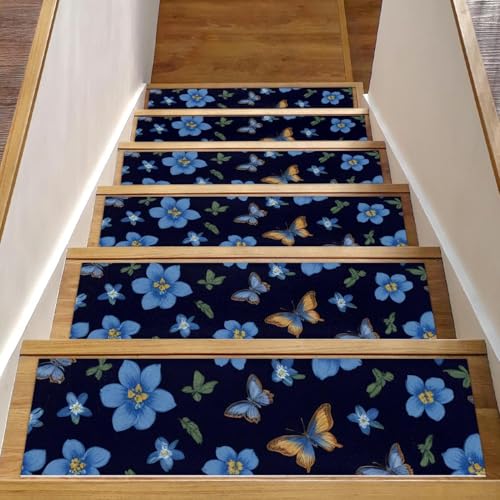 Luoweisi Treppenmatten für Holzstufen, Motiv: Blaue Blume, Schmetterlinge, 15 Stück, 76,2 x 20,3 cm, rutschfest, für den Innenbereich, Treppenläufer, Treppenläufer, Matten für Hunde, Kinder, ältere Luoweisi Treppenmatten für Holzstufen, Motiv: Blaue Blume, Schmetterlinge, 15 Stück, 76,2 x 20,3 cm, rutschfest, für den Innenbereich, Treppenläufer, Treppenläufer, Matten für Hunde, Kinder, ältere von Luoweisi
