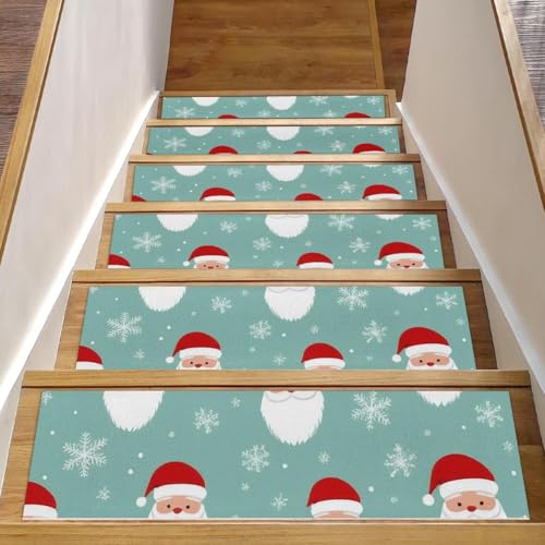 Luoweisi Treppenmatten mit Weihnachtsmann-Schneeflocken-Motiv, 15 Stück, 76,2 x 20,3 cm, rutschfest, für den Innenbereich, Treppenläufer, Treppenläufer, Matten für Hunde, Kinder, ältere Menschen, mit von Luoweisi