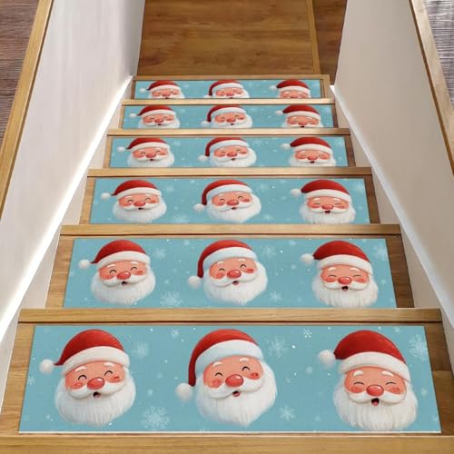 Luoweisi Treppenmatten mit Weihnachtsmann-Schneeflocken-Motiv, 15 Stück, 76,2 x 20,3 cm, rutschfest, für den Innenbereich, Treppenläufer, Treppenläufer, Matten für Hunde, Kinder, ältere Menschen, mit von Luoweisi