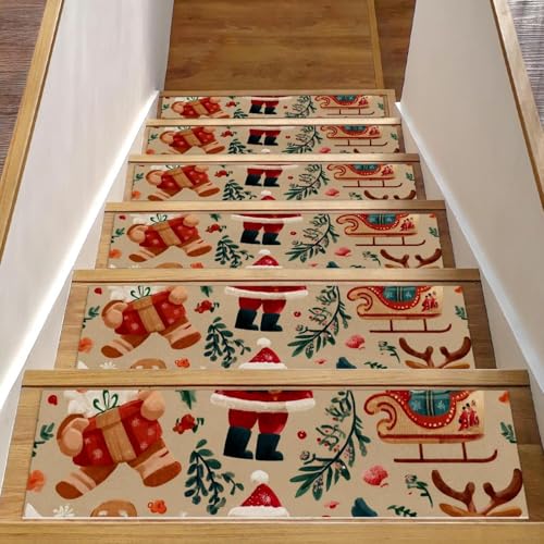 Luoweisi Weihnachts-Treppenmatten für Holzstufen, Weihnachtsmann, Hirsch, 15 Stück, 76,2 x 20,3 cm, rutschfest, für den Innenbereich, Treppenläufer für Hunde, Kinder, ältere Menschen, mit von Luoweisi