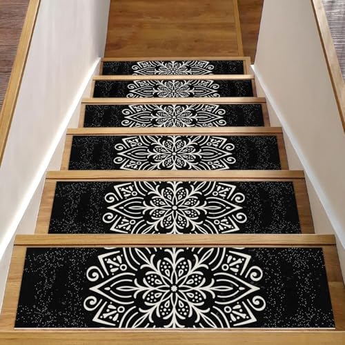 Stufenmatten für Holzstufen, Boho-Blumenmuster, rutschfest, für den Innenbereich, 76,2 x 20,3 cm, Schwarz / Weiß, 15 Stück von Luoweisi