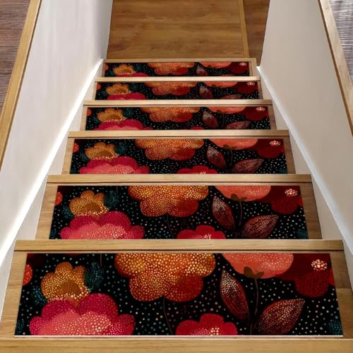 Stufenmatten für Holzstufen, Ethnische Boho-Blume, rutschfest, für den Innenbereich, 76,2 x 20,3 cm, 15 Stück, mit wiederverwendbarem Kleber von Luoweisi