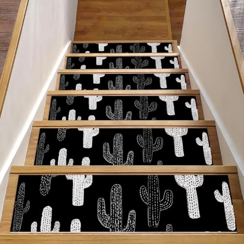 Stufenmatten für Holzstufen, Kaktus-Treppenstufen für Holzstufen, rutschfest, für den Innenbereich, 76,2 x 20,3 cm, Schwarz / Weiß, 15 Stück Stufenmatten für Holzstufen, Kaktus-Treppenstufen für Holzstufen, rutschfest, für den Innenbereich, 76,2 x 20,3 cm, Schwarz / Weiß, 15 Stück von Luoweisi