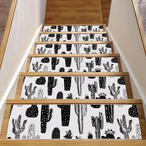 Stufenmatten für Holzstufen, Kaktus-Treppenstufen für Holzstufen, rutschfest, für den Innenbereich, 76,2 x 20,3 cm, Schwarz / Weiß, 15 Stück Stufenmatten für Holzstufen, Kaktus-Treppenstufen für Holzstufen, rutschfest, für den Innenbereich, 76,2 x 20,3 cm, Schwarz / Weiß, 15 Stück von Luoweisi