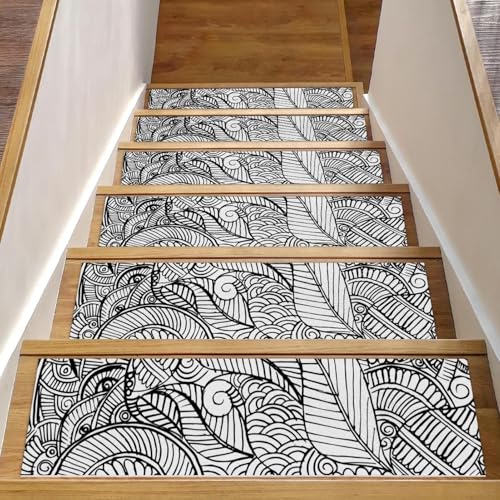 Stufenmatten für Holzstufen, Mandala-Henna-Treppenstufen für Holzstufen, rutschfest, für den Innenbereich, 76,2 x 20,3 cm, Schwarz / Weiß, 15 Stück von Luoweisi
