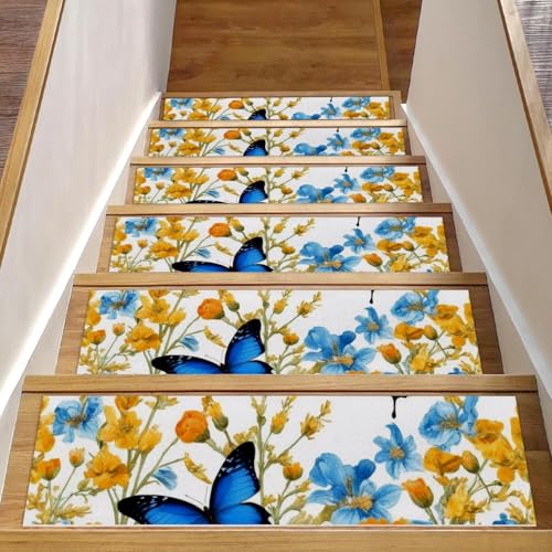 Stufenmatten für Holzstufen, Schmetterlinge, Blumen, 15 Stück, 76,2 x 20,3 cm, rutschfest, für den Innenbereich, Treppenläufer, Treppenläufer, Matten für Hunde, Kinder, ältere Menschen, mit Stufenmatten für Holzstufen, Schmetterlinge, Blumen, 15 Stück, 76,2 x 20,3 cm, rutschfest, für den Innenbereich, Treppenläufer, Treppenläufer, Matten für Hunde, Kinder, ältere Menschen, mit von Luoweisi