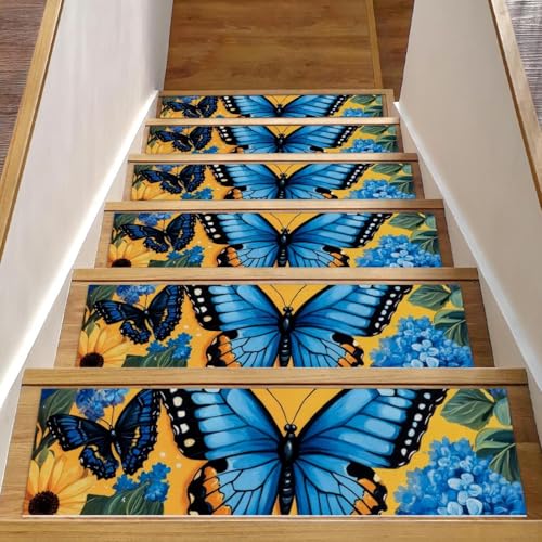 Stufenmatten für Holzstufen, Schmetterlinge, Blumen, 15 Stück, 76,2 x 20,3 cm, rutschfest, für den Innenbereich, Treppenläufer, Treppenläufer, Matten für Hunde, Kinder, ältere Menschen, mit Stufenmatten für Holzstufen, Schmetterlinge, Blumen, 15 Stück, 76,2 x 20,3 cm, rutschfest, für den Innenbereich, Treppenläufer, Treppenläufer, Matten für Hunde, Kinder, ältere Menschen, mit von Luoweisi