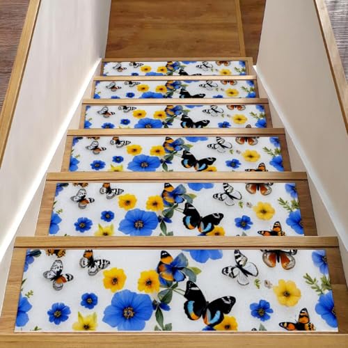 Stufenmatten für Holzstufen, Schmetterlinge, Blumen, 15 Stück, 76,2 x 20,3 cm, rutschfest, für den Innenbereich, Treppenläufer, Treppenläufer, Matten für Hunde, Kinder, ältere Menschen, mit Stufenmatten für Holzstufen, Schmetterlinge, Blumen, 15 Stück, 76,2 x 20,3 cm, rutschfest, für den Innenbereich, Treppenläufer, Treppenläufer, Matten für Hunde, Kinder, ältere Menschen, mit von Luoweisi