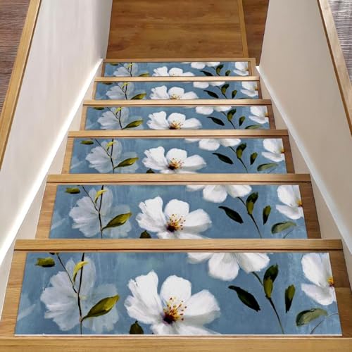Stufenmatten für Holzstufen, weiße Blumen, 76,2 x 20,3 cm, rutschfest, für den Innenbereich, Treppenläufer für Hunde, Kinder, ältere Menschen, mit wiederverwendbarem Klebstoff, 15 Stück Stufenmatten für Holzstufen, weiße Blumen, 76,2 x 20,3 cm, rutschfest, für den Innenbereich, Treppenläufer für Hunde, Kinder, ältere Menschen, mit wiederverwendbarem Klebstoff, 15 Stück von Luoweisi