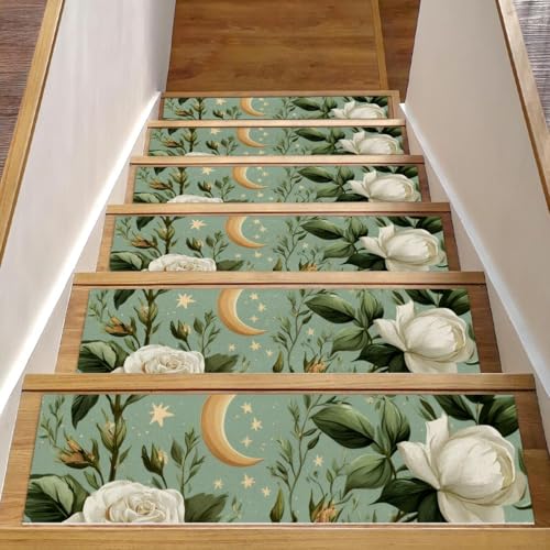 Stufenmatten für Holzstufen, weiße Blumen, 76,2 x 20,3 cm, rutschfest, für den Innenbereich, Treppenläufer für Hunde, Kinder, ältere Menschen, mit wiederverwendbarem Klebstoff, 15 Stück Stufenmatten für Holzstufen, weiße Blumen, 76,2 x 20,3 cm, rutschfest, für den Innenbereich, Treppenläufer für Hunde, Kinder, ältere Menschen, mit wiederverwendbarem Klebstoff, 15 Stück von Luoweisi