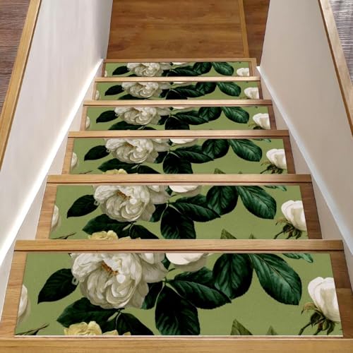 Stufenmatten für Holzstufen, weiße Blumen, grüne Blätter, 76,2 x 20,3 cm, rutschfest, für den Innenbereich, Treppenläufer, Treppenläufer, Matten für Hunde, Kinder, ältere Menschen, mit Stufenmatten für Holzstufen, weiße Blumen, grüne Blätter, 76,2 x 20,3 cm, rutschfest, für den Innenbereich, Treppenläufer, Treppenläufer, Matten für Hunde, Kinder, ältere Menschen, mit von Luoweisi