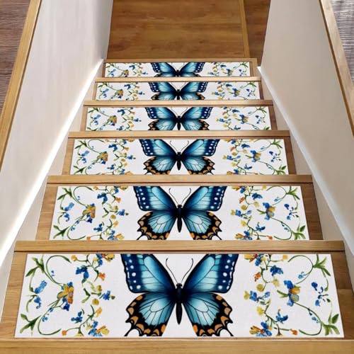 Stufenmatten für Holzstufen mit Schmetterlings-Blumen, 15 Stück, 76,2 x 20,3 cm, rutschfest, für den Innenbereich, Treppenläufer, Treppenläufer, Matten für Hunde, Kinder, ältere Menschen, mit Stufenmatten für Holzstufen mit Schmetterlings-Blumen, 15 Stück, 76,2 x 20,3 cm, rutschfest, für den Innenbereich, Treppenläufer, Treppenläufer, Matten für Hunde, Kinder, ältere Menschen, mit von Luoweisi