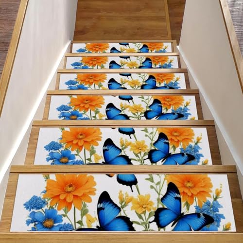 Stufenmatten für Holzstufen mit Schmetterlings-Blumen, 15 Stück, 76,2 x 20,3 cm, rutschfest, für den Innenbereich, Treppenläufer, Treppenläufer, Matten für Hunde, Kinder, ältere Menschen, mit Stufenmatten für Holzstufen mit Schmetterlings-Blumen, 15 Stück, 76,2 x 20,3 cm, rutschfest, für den Innenbereich, Treppenläufer, Treppenläufer, Matten für Hunde, Kinder, ältere Menschen, mit von Luoweisi