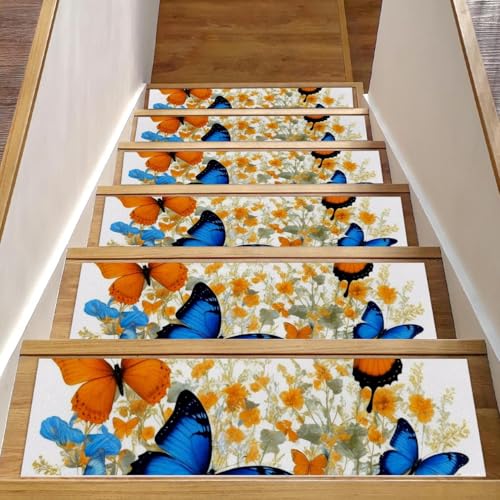 Stufenmatten für Holzstufen mit Schmetterlings-Blumen, 15 Stück, 76,2 x 20,3 cm, rutschfest, für den Innenbereich, Treppenläufer, Treppenläufer, Matten für Hunde, Kinder, ältere Menschen, mit Stufenmatten für Holzstufen mit Schmetterlings-Blumen, 15 Stück, 76,2 x 20,3 cm, rutschfest, für den Innenbereich, Treppenläufer, Treppenläufer, Matten für Hunde, Kinder, ältere Menschen, mit von Luoweisi