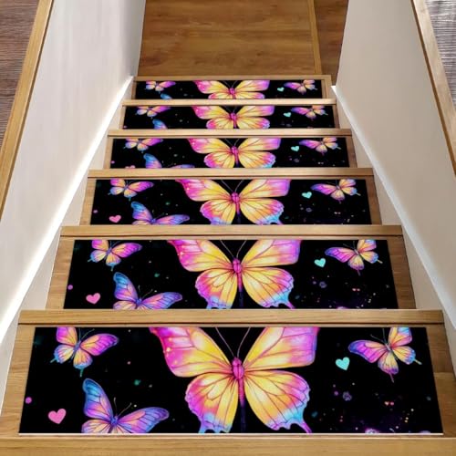Stufenmatten für Holzstufen mit Schmetterlings-Blumen, 76,2 x 20,3 cm, rutschfest, für den Innenbereich, Treppenläufer, Treppenläufer, Matten für Hunde, Kinder, ältere Menschen, mit wiederverwendbarem Stufenmatten für Holzstufen mit Schmetterlings-Blumen, 76,2 x 20,3 cm, rutschfest, für den Innenbereich, Treppenläufer, Treppenläufer, Matten für Hunde, Kinder, ältere Menschen, mit wiederverwendbarem von Luoweisi