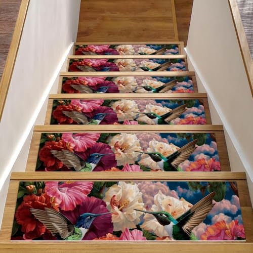 Stufenmatten mit Kolibri-Blumen-Motiv, für Holzstufen, 76,2 x 20,3 cm, rutschfest, für den Innenbereich, Treppenläufer, Treppenläufer, Matten für Hunde, Kinder, ältere Menschen, mit wiederverwendbarem Stufenmatten mit Kolibri-Blumen-Motiv, für Holzstufen, 76,2 x 20,3 cm, rutschfest, für den Innenbereich, Treppenläufer, Treppenläufer, Matten für Hunde, Kinder, ältere Menschen, mit wiederverwendbarem von Luoweisi