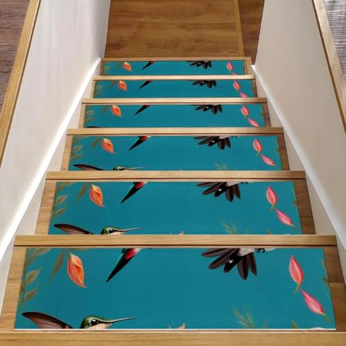 Stufenmatten mit Kolibri-Blumen für Holzstufen, 15 Stück, 76,2 x 20,3 cm, rutschfest, für den Innenbereich, Treppenläufer, Treppenläufer, Matten für Hunde, Kinder, ältere Menschen, mit Stufenmatten mit Kolibri-Blumen für Holzstufen, 15 Stück, 76,2 x 20,3 cm, rutschfest, für den Innenbereich, Treppenläufer, Treppenläufer, Matten für Hunde, Kinder, ältere Menschen, mit von Luoweisi