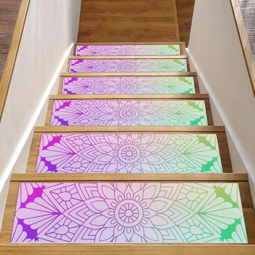 Stufenmatten mit Mandala-Blumen, für Holzstufen, 76,2 x 20,3 cm, rutschfest, für den Innenbereich, Treppenläufer, Treppenläufer, Matten für Hunde, Kinder, ältere Menschen, mit wiederverwendbarem von Luoweisi